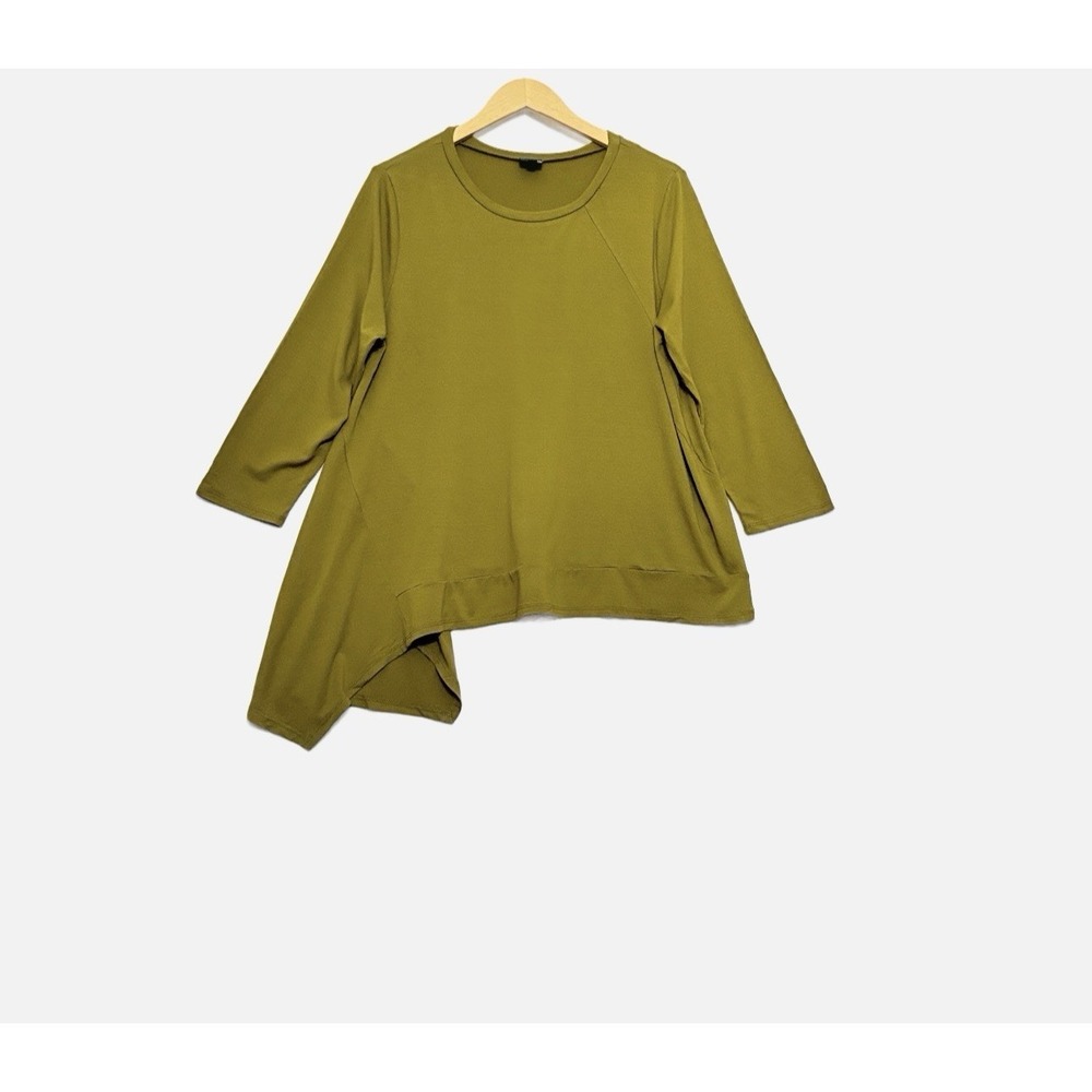 Lisa Bayne Asymmetric Tunic Top Women Large Olive Green Lagenlook Minimalist